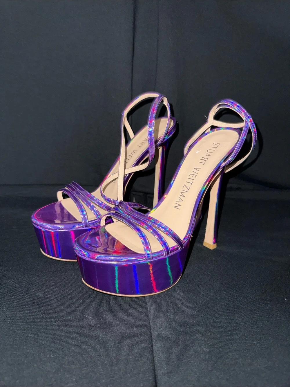 Stuart Weitzman Purple Iridescent Metallic Platform Sandals